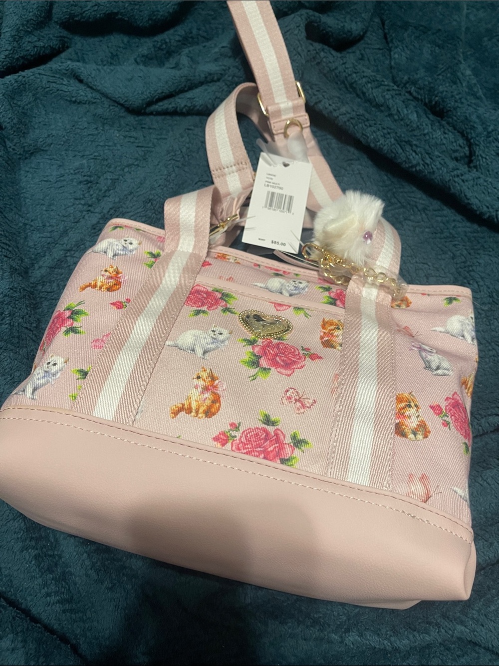 Betsey Johnson Pink Floral & Kitten Canvas Tote Bag with Striped Handles